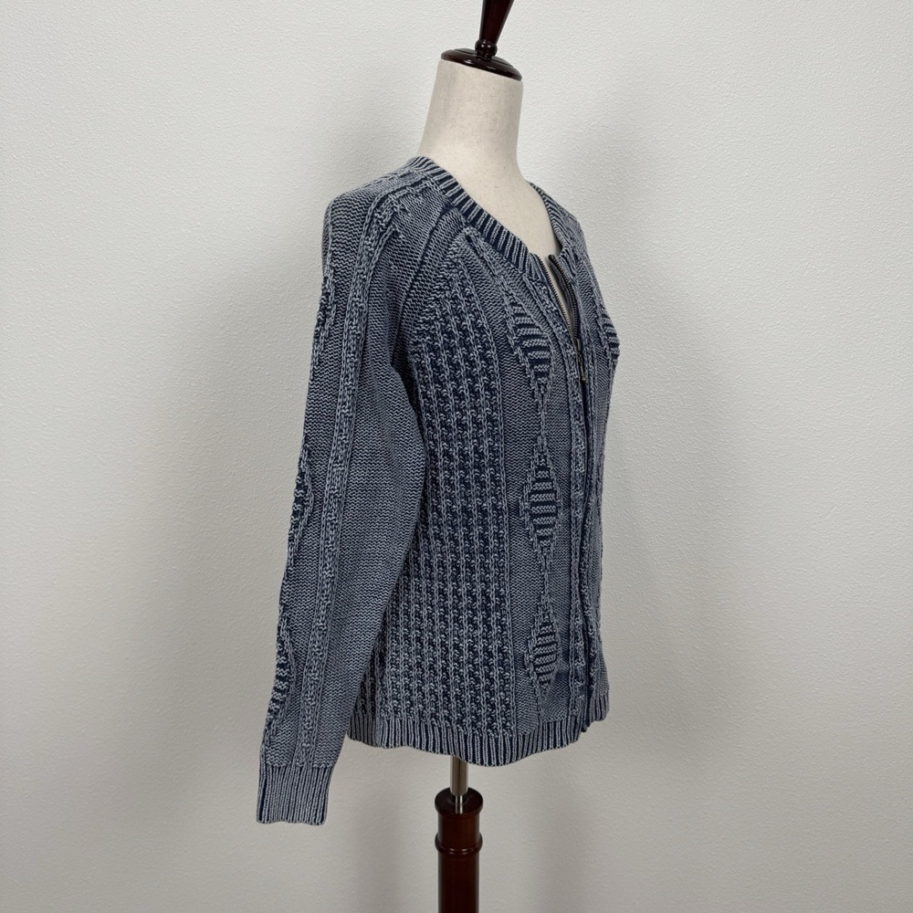 Womens Fisherman Knit Zip Front Sweater Blue Textured Coastal Cardigan Layering - Picture 7 of 13